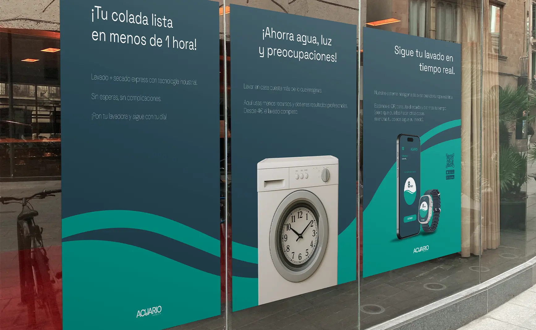 Aplicaciones de la marca Acuario Lavandería en distintos soportes y materiales