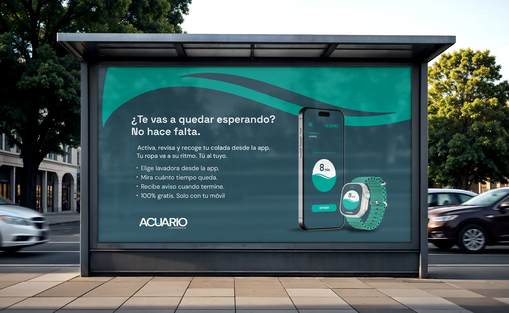 Banner corporativo de Acuario Lavandería colocado en la calle con branding consistente