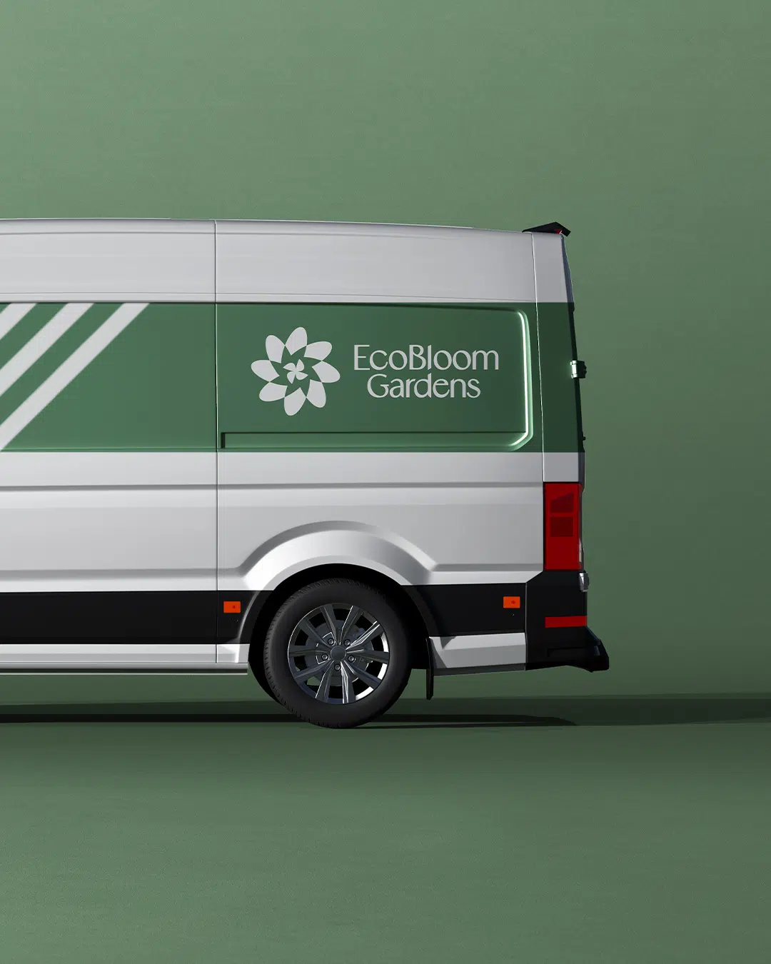 Aplicación de la marca EcoBloom Gardens en jardines sostenibles con señalética y branding