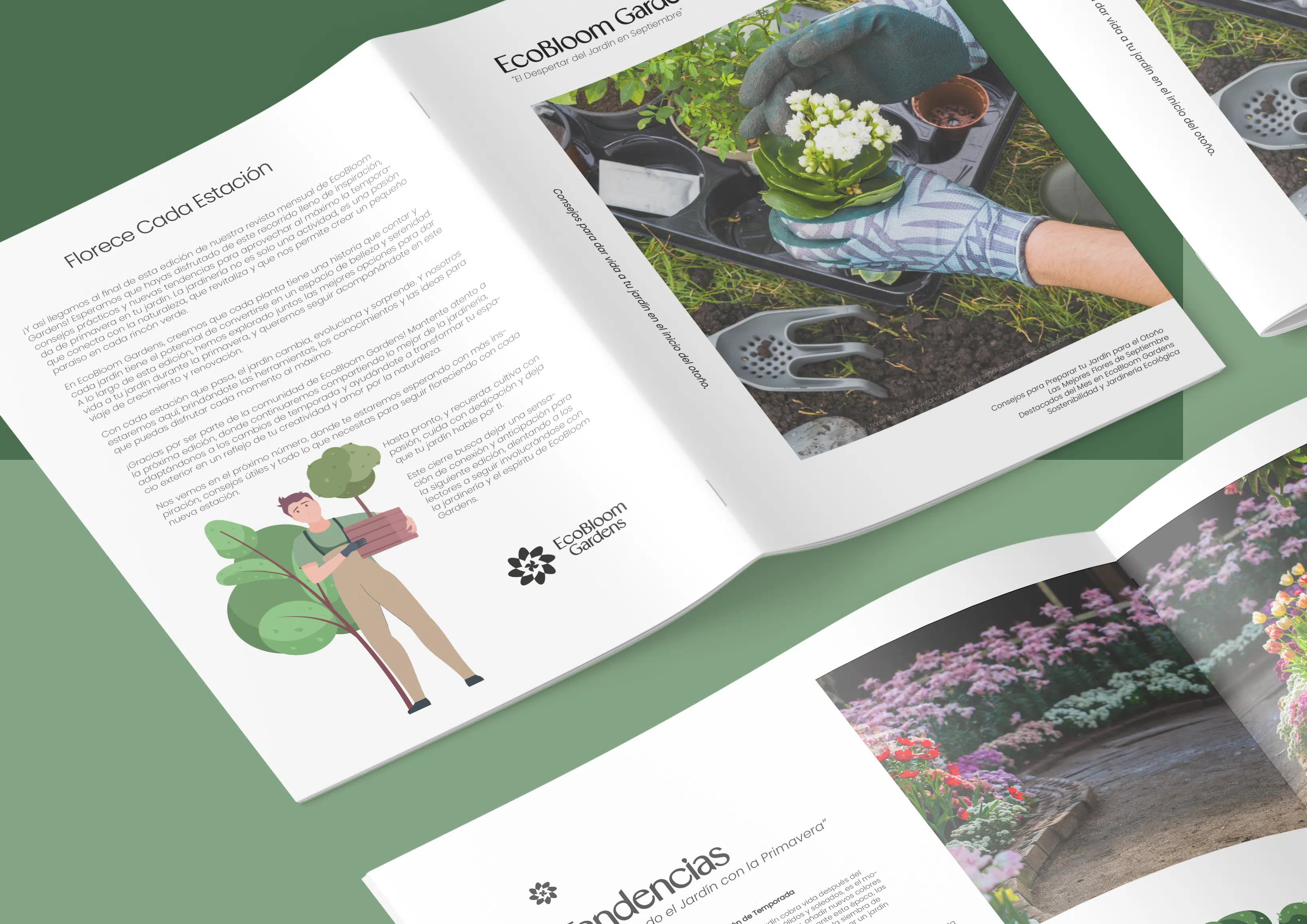 Maquetación de revista de EcoBloom Gardens mostrando su identidad visual en publicaciones
