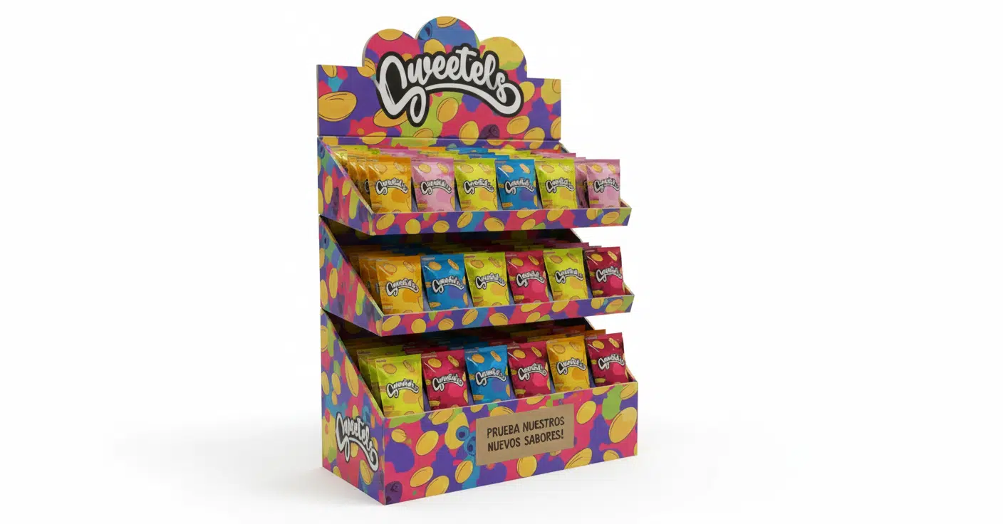 Diseño de stand promocional de Sweetels con aplicación de la identidad de packaging