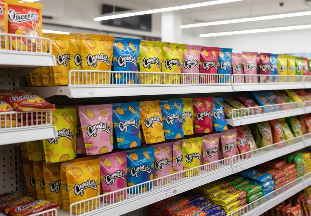 Diseño del envase de golosinas Sweetels con ilustraciones y colores llamativos